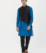 irin Poly Viscose Ethnic Set Of Black Koti (Waistcoat), Blue and Black Kurta Churidar For Men