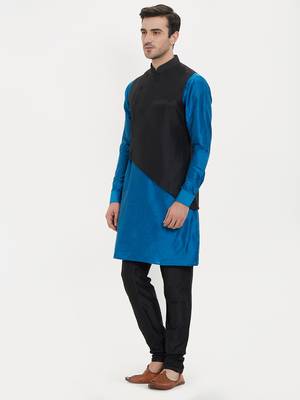 irin Poly Viscose Ethnic Set Of Black Koti (Waistcoat), Blue and Black Kurta Churidar For Men 2