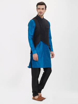 irin Poly Viscose Ethnic Set Of Black Koti (Waistcoat), Blue and Black Kurta Churidar For Men 3