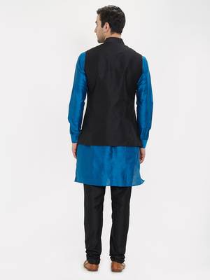 irin Poly Viscose Ethnic Set Of Black Koti (Waistcoat), Blue and Black Kurta Churidar For Men 4