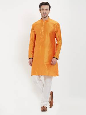 irin Saffron Poly Viscose Full Sleeves Solid Mandarin Kurta Churidar Set For Men 1