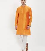 irin Saffron Poly Viscose Full Sleeves Solid Mandarin Kurta Churidar Set For Men