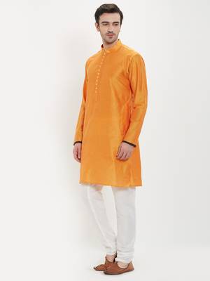 irin Saffron Poly Viscose Full Sleeves Solid Mandarin Kurta Churidar Set For Men 2