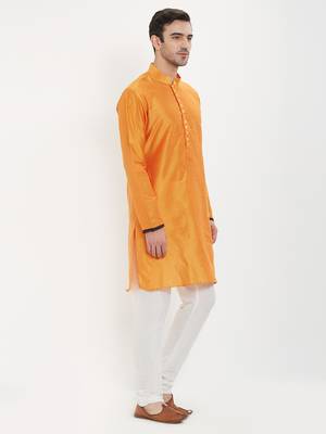 irin Saffron Poly Viscose Full Sleeves Solid Mandarin Kurta Churidar Set For Men 3