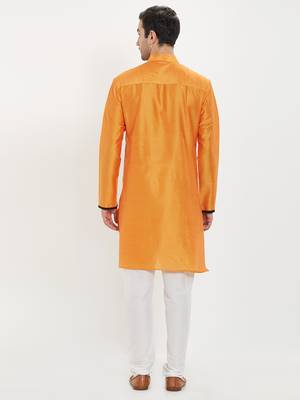 irin Saffron Poly Viscose Full Sleeves Solid Mandarin Kurta Churidar Set For Men 4