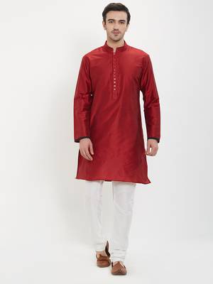 irin Maroon Poly Viscose Full Sleeves Solid Mandarin Kurta Churidar Set For Men 1