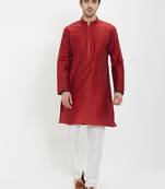 irin Maroon Poly Viscose Full Sleeves Solid Mandarin Kurta Churidar Set For Men