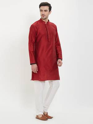 irin Maroon Poly Viscose Full Sleeves Solid Mandarin Kurta Churidar Set For Men 3