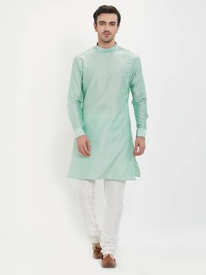 irin Pista Green Poly Viscose Full Sleeves Solid Mandarin Kurta Churidar Set For Men 1