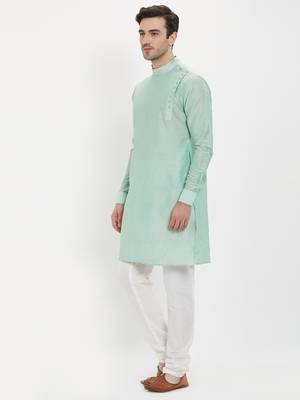 irin Pista Green Poly Viscose Full Sleeves Solid Mandarin Kurta Churidar Set For Men 2