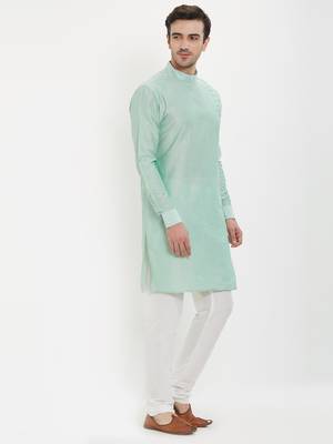 irin Pista Green Poly Viscose Full Sleeves Solid Mandarin Kurta Churidar Set For Men 3