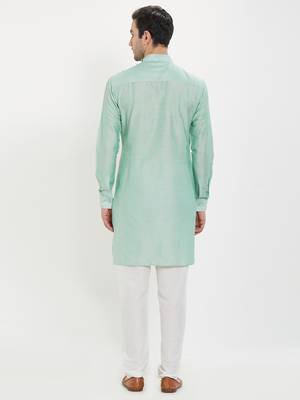 irin Pista Green Poly Viscose Full Sleeves Solid Mandarin Kurta Churidar Set For Men 4