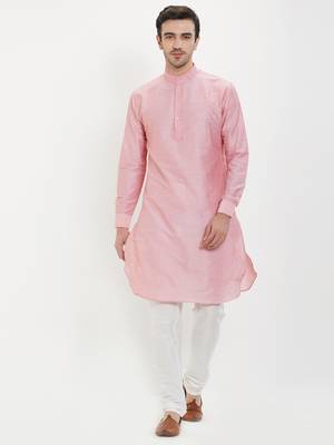irin Pink Poly Viscose Full Sleeves Solid Mandarin Kurta Churidar Set For Men 1