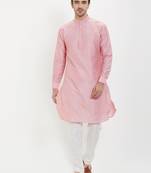 irin Pink Poly Viscose Full Sleeves Solid Mandarin Kurta Churidar Set For Men