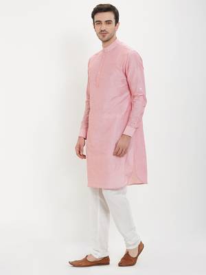 irin Pink Poly Viscose Full Sleeves Solid Mandarin Kurta Churidar Set For Men 2