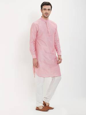 irin Pink Poly Viscose Full Sleeves Solid Mandarin Kurta Churidar Set For Men 3