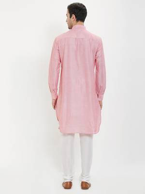 irin Pink Poly Viscose Full Sleeves Solid Mandarin Kurta Churidar Set For Men 4