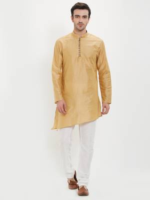 irin Gold Poly Viscose Full Sleeves Solid Mandarin Kurta Churidar Set For Men 1