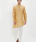 irin Gold Poly Viscose Full Sleeves Solid Mandarin Kurta Churidar Set For Men