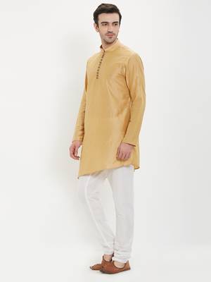 irin Gold Poly Viscose Full Sleeves Solid Mandarin Kurta Churidar Set For Men 2