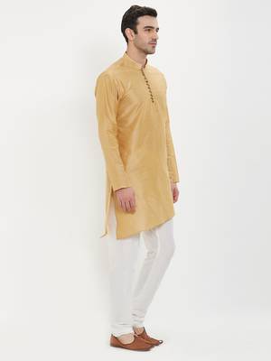 irin Gold Poly Viscose Full Sleeves Solid Mandarin Kurta Churidar Set For Men 3