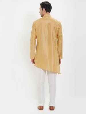 irin Gold Poly Viscose Full Sleeves Solid Mandarin Kurta Churidar Set For Men 4
