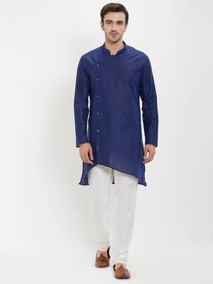 irin Navy Blue Poly Viscose Full Sleeves Solid Mandarin Kurta Churidar Set For Men 1