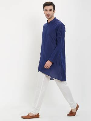 irin Navy Blue Poly Viscose Full Sleeves Solid Mandarin Kurta Churidar Set For Men 2