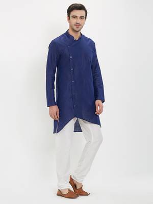 irin Navy Blue Poly Viscose Full Sleeves Solid Mandarin Kurta Churidar Set For Men 3