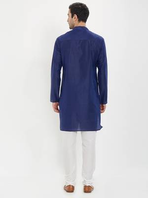 irin Navy Blue Poly Viscose Full Sleeves Solid Mandarin Kurta Churidar Set For Men 4
