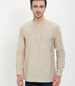 Irin Cream Linen Cotton Full Sleeves Solid Mandarin Short Kurta For Men