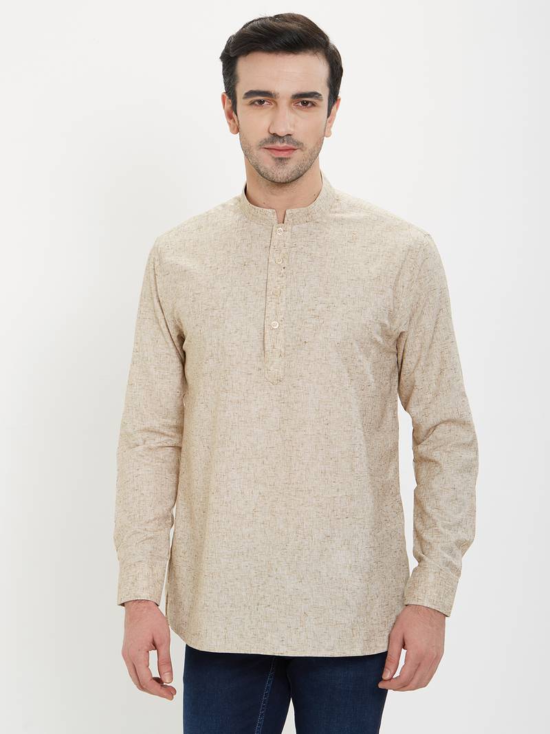 Irin Cream Linen Cotton Full Sleeves Solid Mandarin Short Kurta For Men