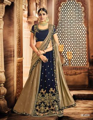 Blue And Gold  Silk Embroidered Lehenga Choli 1