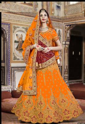 Orange And Red Embroidered Silk Lehenga With Bandhni Dupatta 1