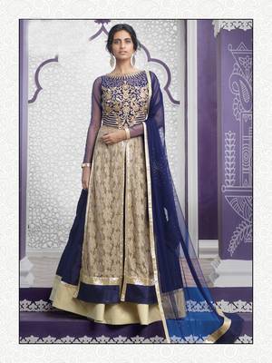 Beige And Blue Embroidered Raw Silk Sharara Suit 1