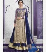Beige And Blue Embroidered Raw Silk Sharara Suit