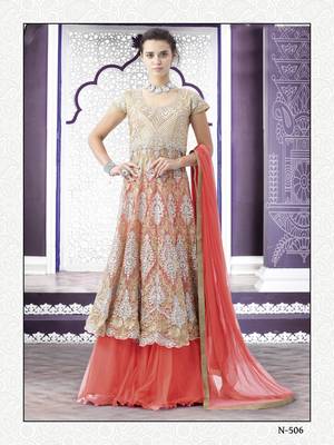 Beige And Peach  Embroidered Net Indo Western Suit 1