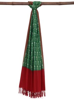 Green and Red Pochampally Ikat Cotton Handloom Dupatta with Arrows Buta 2