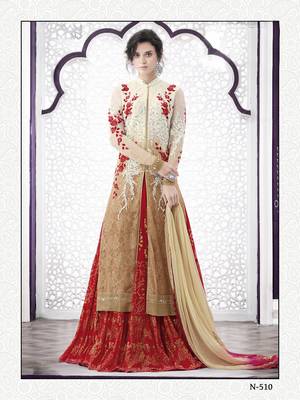 Beige Red Embroidered Chiffon Net Indo Western Lehenga 1
