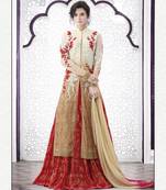 Beige Red Embroidered Chiffon Net Indo Western Lehenga