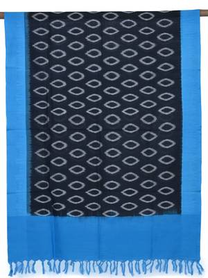 Blue and Black Pochampally Ikat Cotton Handloom Dupatta with Temple Border Design 1