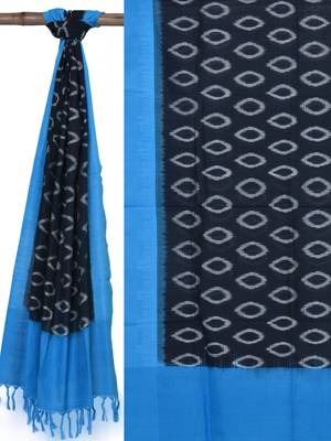Blue and Black Pochampally Ikat Cotton Handloom Dupatta with Temple Border Design 3
