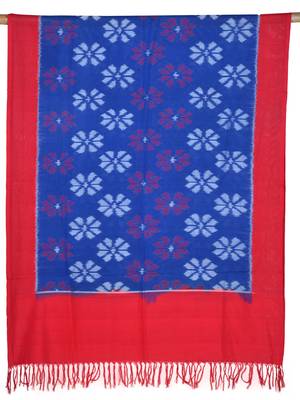 Blue and Red Pochampally Ikat Cotton Handloom Dupatta with Flower Design 1