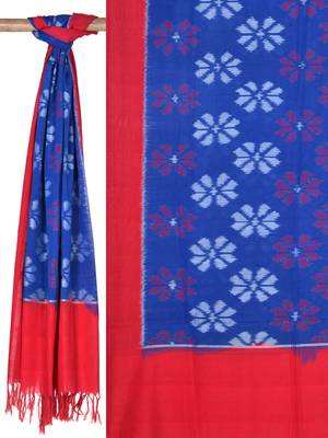 Blue and Red Pochampally Ikat Cotton Handloom Dupatta with Flower Design 3