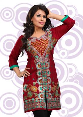 Maroon printed cotton short kurtis 1