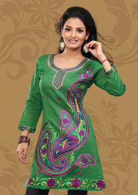 Green printed cotton poly short kurtis 1