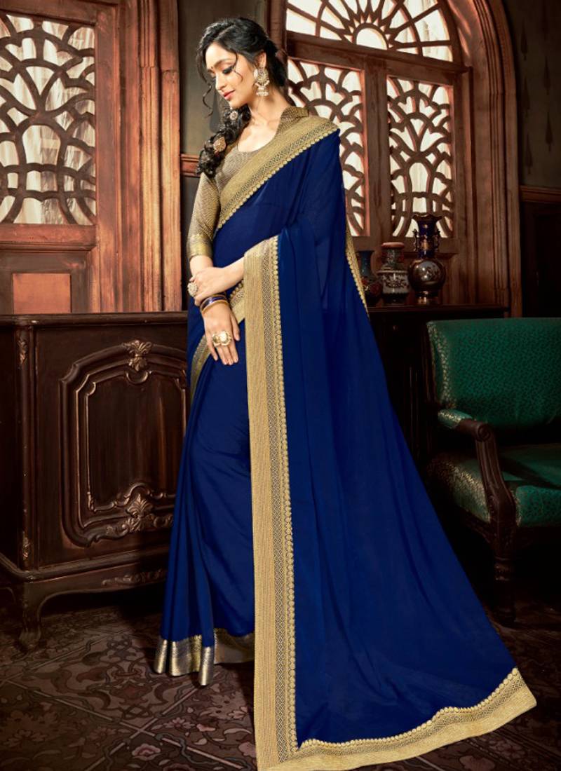Navy blue plain georgette saree with blouse