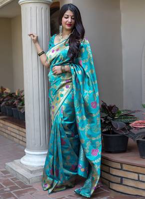 Sky blue woven banarasi art silk blend saree with blouse 1