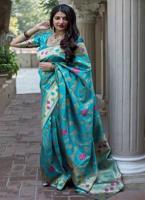 Sky blue woven banarasi art silk blend saree with blouse 2