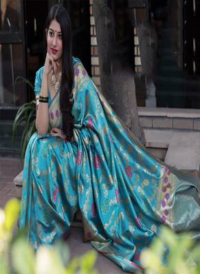 Sky blue woven banarasi art silk blend saree with blouse 3